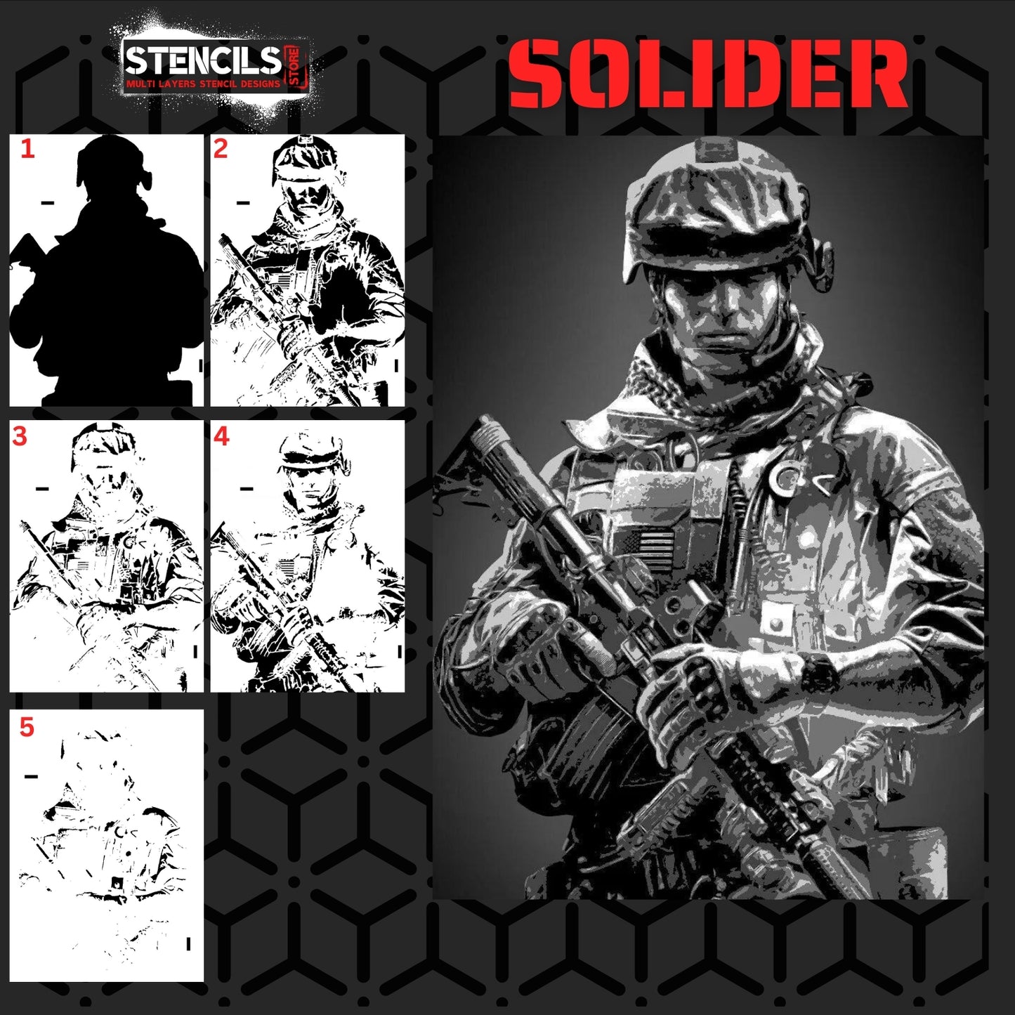 SOLIDER multi 5 layers stencil design PRE-CUT - ARTENDIST