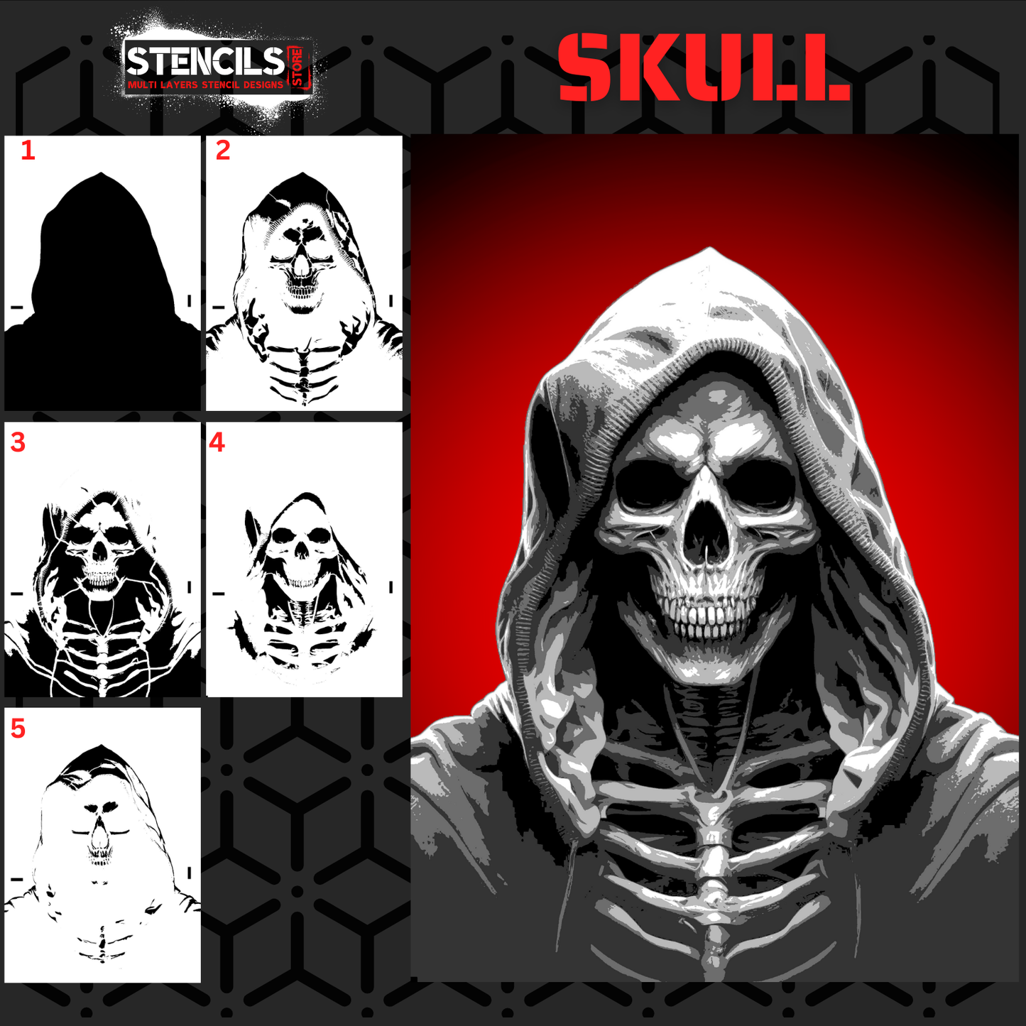 SKULL multi 5 layers stencil design PRE-CUT - ARTENDIST