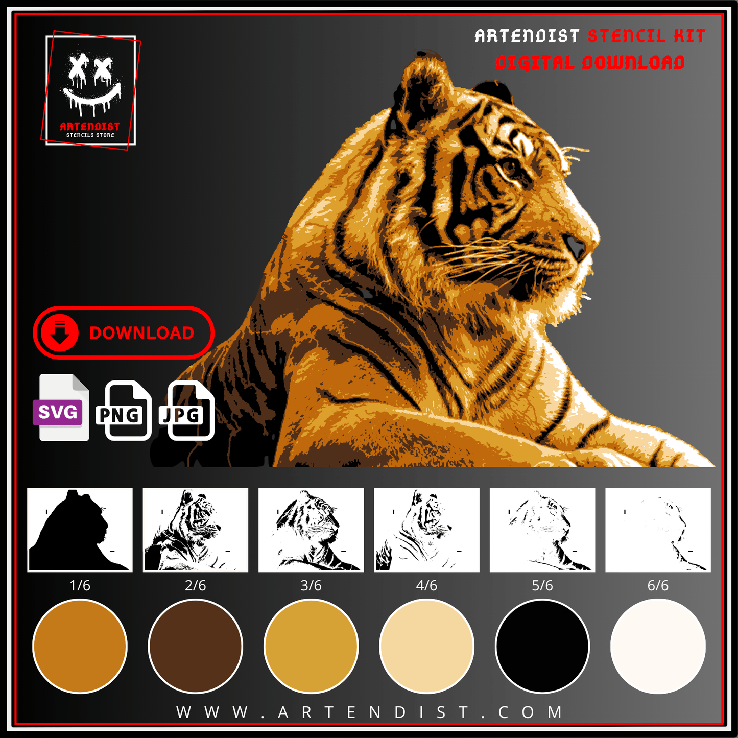 TIGER multi 6-layers DIGITAL DOWNLOAD stencil design - ARTENDIST
