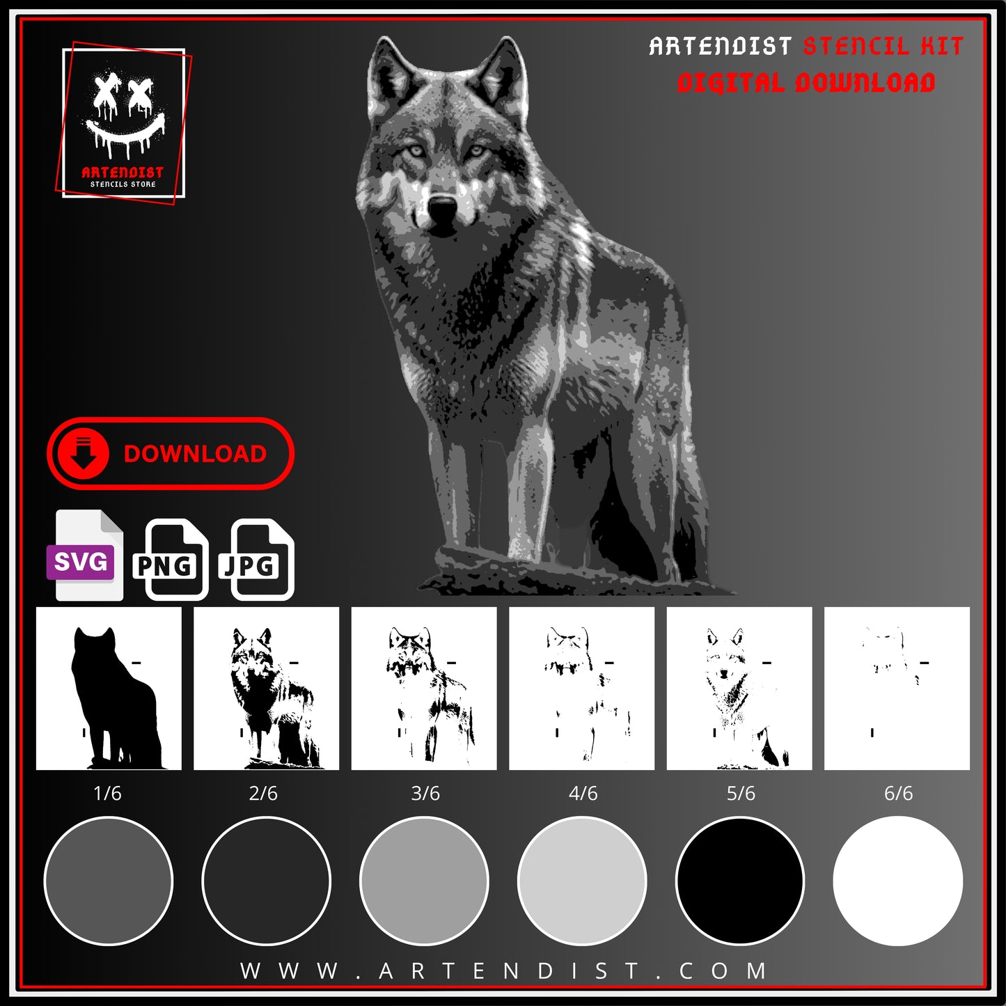 WOLF multi 6-layer DIGITAL DOWNLOAD stencil design - ARTENDIST