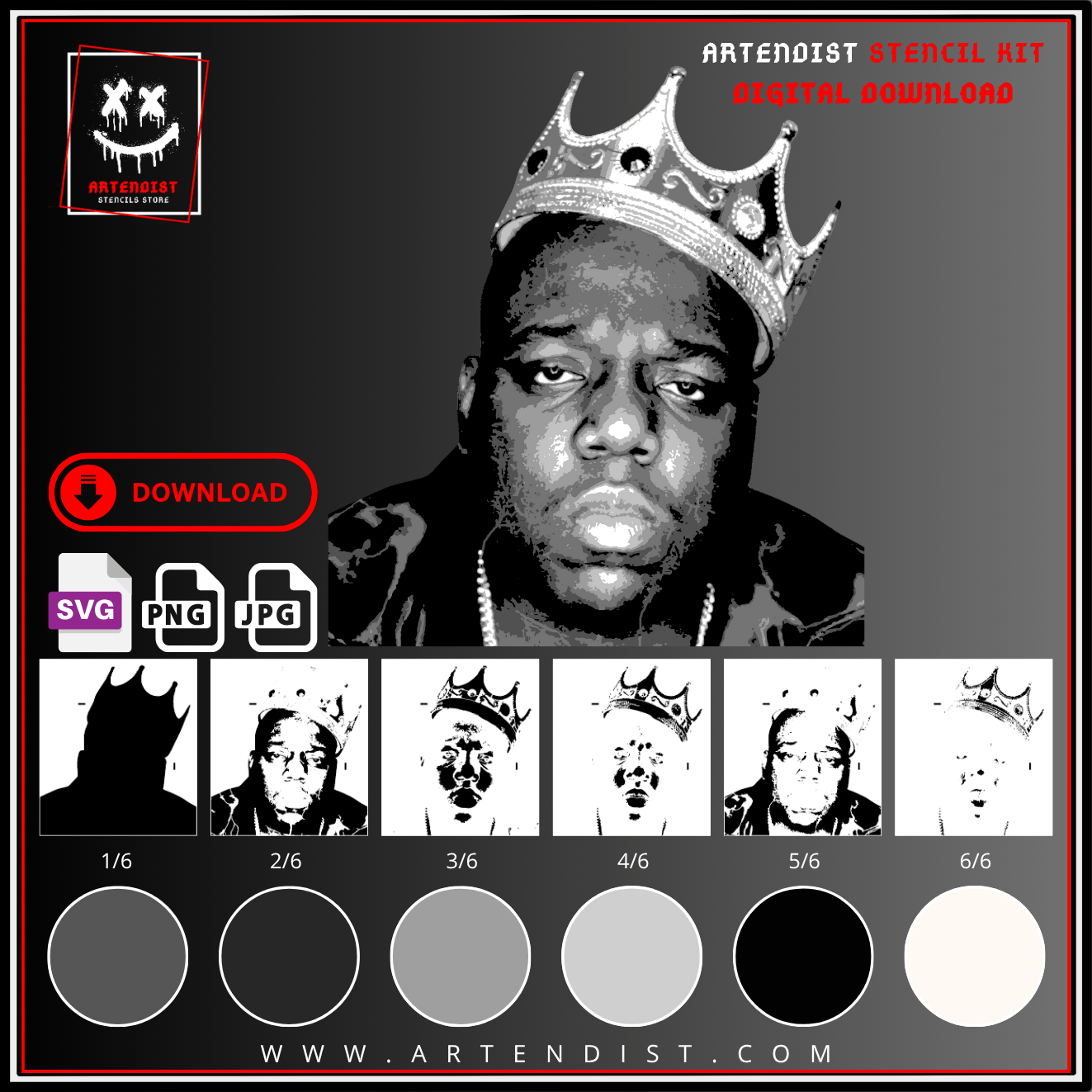 BIGGIE multi 6-layers DIGITAL DOWNLOAD stencil design - ARTENDIST