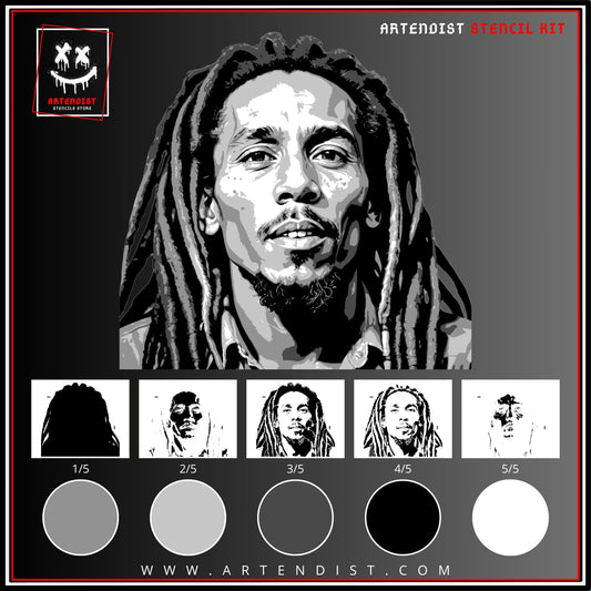 BOB MARLEY mehrschichtiges Schablonendesign mit 5 Schichten, VORGESCHNITTEN