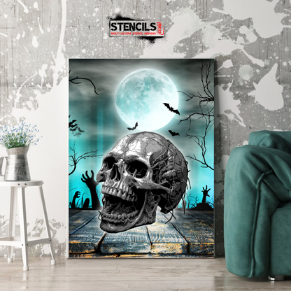 Decorative wall art with a skull design in a room setting, featuring a 'Stencils' brand logo.